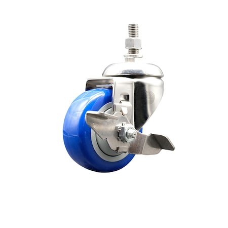 Service Caster 3.5 Inch 316SS Blue Polyurethane Swivel 12mm Stem Caster with Brake SCC SS316TS20S3514-PPUB-BLUE-TLB-M1215